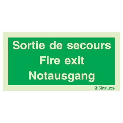 Signalisation drapeau, évacuation (texte) – « Sortie de secours - Fire Exit - Notausgang », PVC photoluminescent