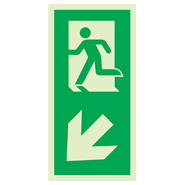 Signalisation une face, évacuation piliers ISO 7010 – flèche bas gauche, PVC photoluminescent