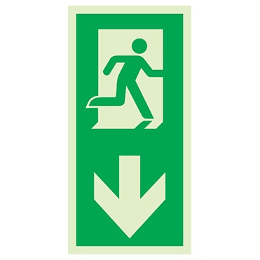 Signalisation une face, évacuation piliers ISO 7010 – flèche bas, PVC photoluminescent