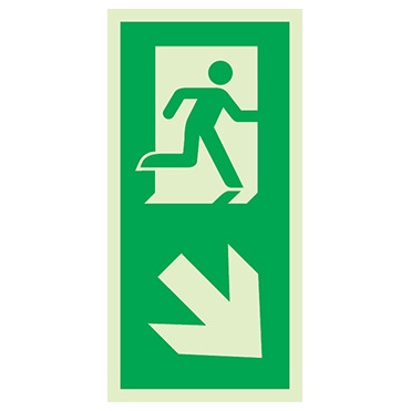 Signalisation une face, évacuation piliers ISO 7010 – flèche bas droite, PVC photoluminescent