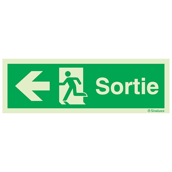 Signalisation à suspendre, évacuation ISO 7010 – flèche gauche + texte Sortie, PVC photoluminescent