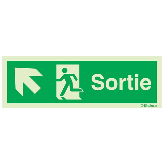 Signalisation drapeau, évacuation ISO 7010 – flèche haut gauche + texte Sortie, PVC photoluminescent