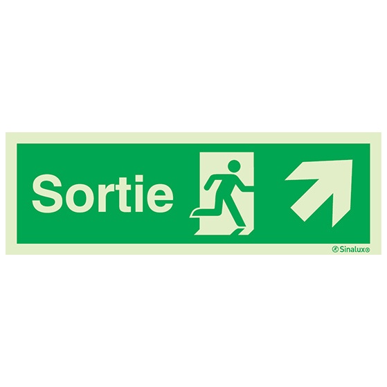 Signalisation drapeau, évacuation ISO 7010 – flèche haut droite + texte Sortie, PVC photoluminescent