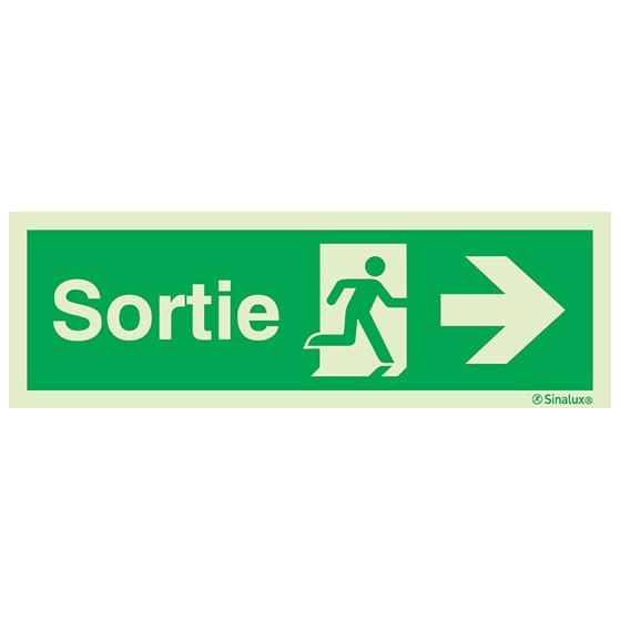 [F0157F30102ETFR] Signalisation drapeau, évacuation ISO 7010 – flèche droite + texte Sortie, PVC photoluminescent (300x100)