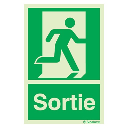 Signalisation une face, évacuation ISO 7010 – bonhomme droite + texte Sortie, PVC photoluminescent