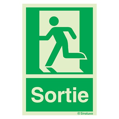 [F0172F15201ETFR] Signalisation une face, évacuation ISO 7010 – bonhomme gauche + texte Sortie, PVC photoluminescent (150x200)