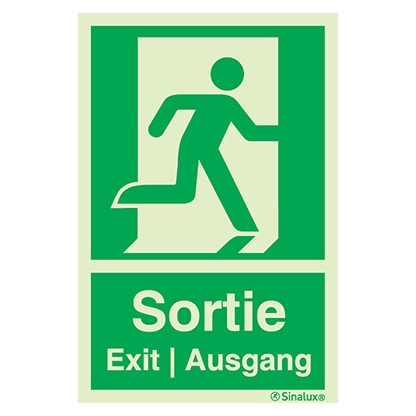 [F0175F15201ETFR] Signalisation une face, évacuation ISO 7010 – bonhomme droite + texte « Sortie - Exit - Ausgang », PVC photoluminescent (150x200)