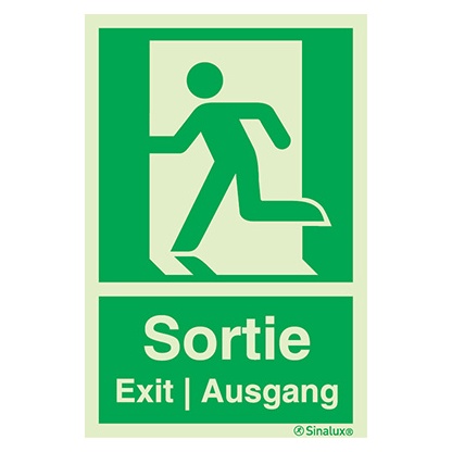 [F0176F15201ETFR] Signalisation une face, évacuation ISO 7010 – bonhomme gauche + texte « Sortie - Exit - Ausgang », PVC photoluminescent (150x200)