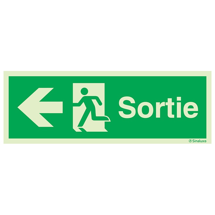 [F0192F12402ETFR] Signalisation drapeau, évacuation ISO 7010 grandes superficies – flèche gauche + texte Sortie, PVC photoluminescent (1200x400)