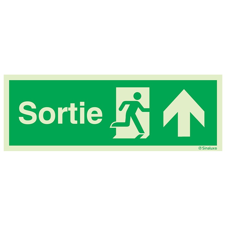 [F0193F12403ETFR] Signalisation à suspendre, évacuation ISO 7010 grandes superficies – flèche haut + texte Sortie, PVC photoluminescent (1200x400)