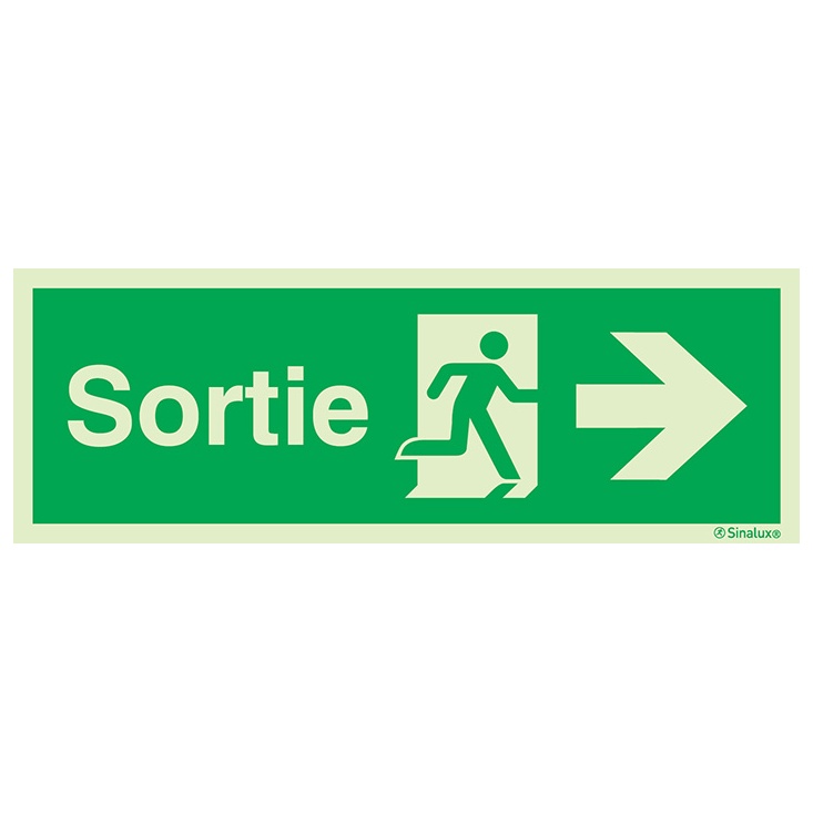 [F0194F12401ETFR] Signalisation une face, évacuation ISO 7010 grandes superficies – flèche droite + texte Sortie, PVC photoluminescent (1200x400)