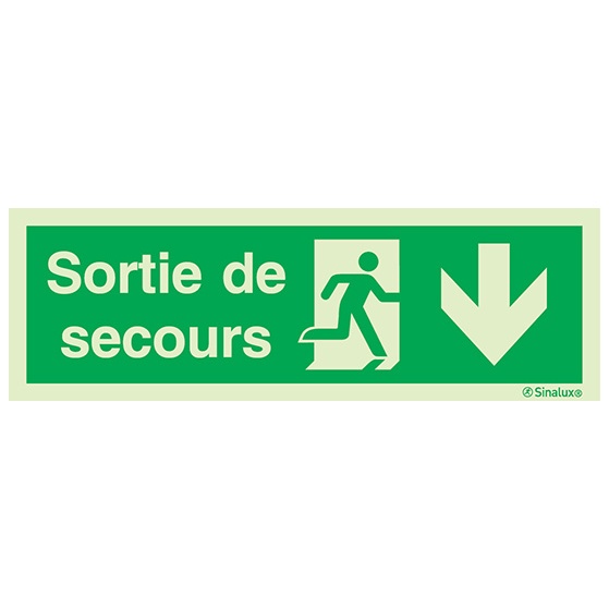 Signalisation une face, évacuation ISO 7010 – flèche bas + texte Sortie de secours, PVC photoluminescent