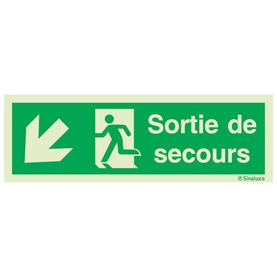 Signalisation drapeau, évacuation ISO 7010 – flèche bas gauche + texte Sortie de secours, PVC photoluminescent