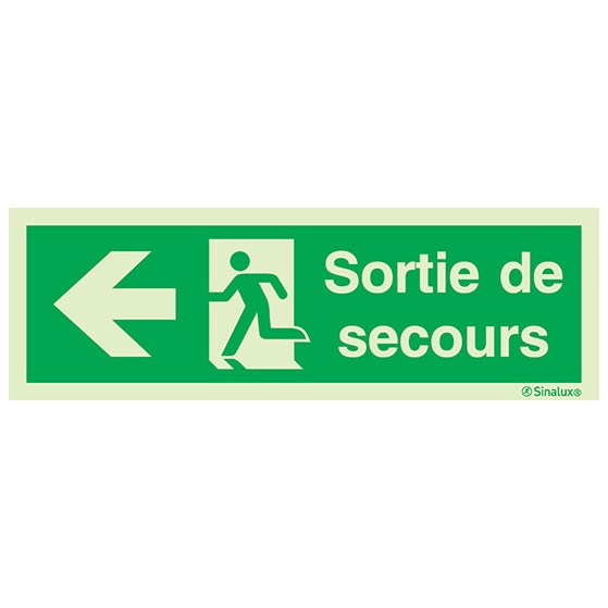 Signalisation drapeau, évacuation ISO 7010 – flèche gauche + texte Sortie de secours, PVC photoluminescent