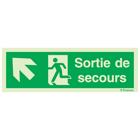 Signalisation une face, évacuation ISO 7010 – flèche haut gauche + texte Sortie de secours, PVC photoluminescent