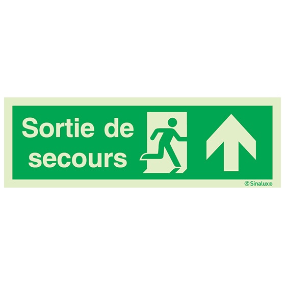 [F0205F30102ETFR] Signalisation drapeau, évacuation ISO 7010 – flèche haut + texte Sortie de secours, PVC photoluminescent (300x100)