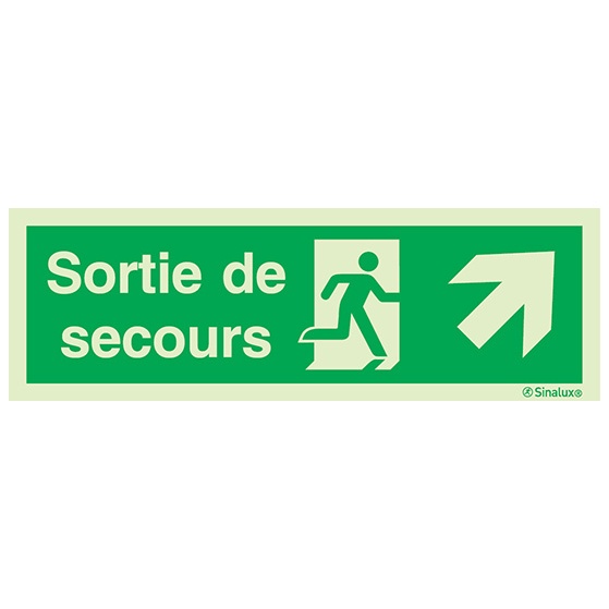 [F0206F30101ETFR] Signalisation une face, évacuation ISO 7010 – flèche haut droite + texte Sortie de secours, PVC photoluminescent (300x100)