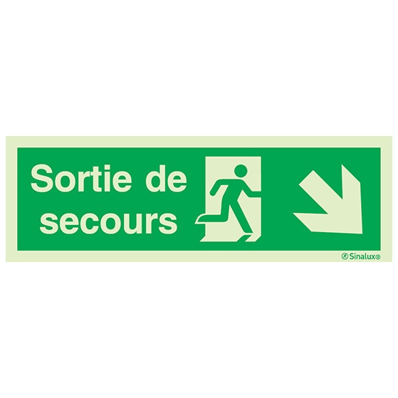 Signalisation une face, évacuation ISO 7010 – flèche bas droite + texte Sortie de secours, PVC photoluminescent