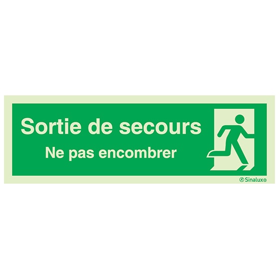 [F0209F30102ETFR] Signalisation drapeau, évacuation ISO 7010 – bonhomme droite + texte « Sortie de secours – Ne pas encombrer », PVC photoluminescent (300x100)