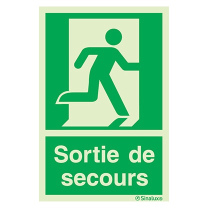 Signalisation à suspendre, évacuation ISO 7010 – bonhomme droite + texte Sortie de secours, PVC photoluminescent