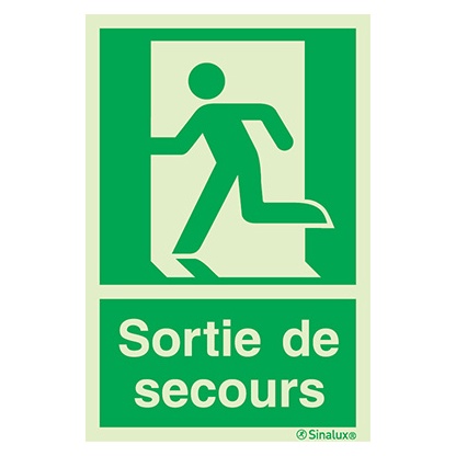[F0222F15201ETFR] Signalisation une face, évacuation ISO 7010 – bonhomme gauche + texte Sortie de secours, PVC photoluminescent (150x200)