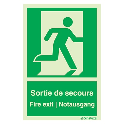 [F0225F15202ETFR] Signalisation drapeau, évacuation ISO 7010 – bonhomme droite + texte « Sortie de secours - Fire exit - Notausgang », PVC photoluminescent (150x200)