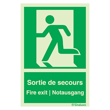 [F0226F15201ETFR] Signalisation une face, évacuation ISO 7010 – bonhomme gauche + texte « Sortie de secours - Fire exit - Notausgang », PVC photoluminescent (150x200)