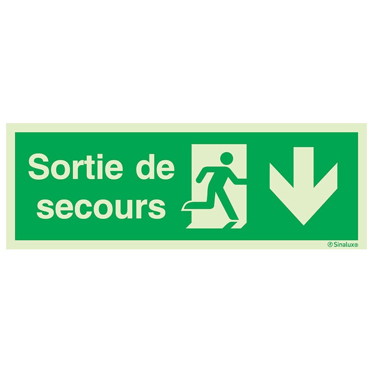 [F0231F12401ETFR] Signalisation une face, évacuation ISO 7010 grandes superficies – flèche bas + texte Sortie de secours, PVC photoluminescent (1200x400)