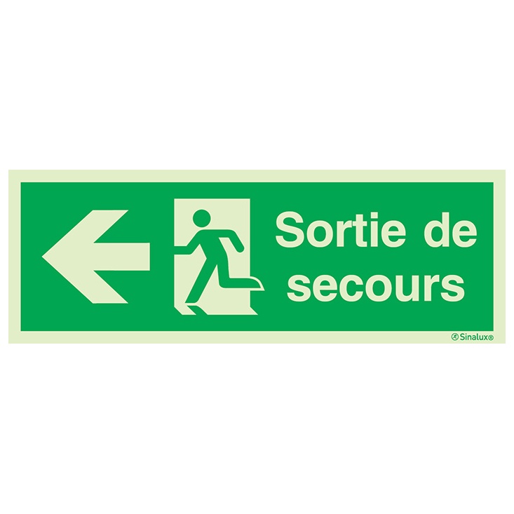 [F0232F12403ETFR] Signalisation à suspendre, évacuation ISO 7010 grandes superficies – flèche gauche + texte Sortie de secours, PVC photoluminescent (1200x400)