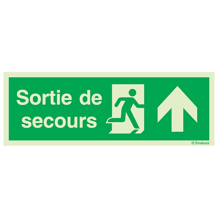 Signalisation une face, évacuation ISO 7010 grandes superficies – flèche haut + texte Sortie de secours, PVC photoluminescent