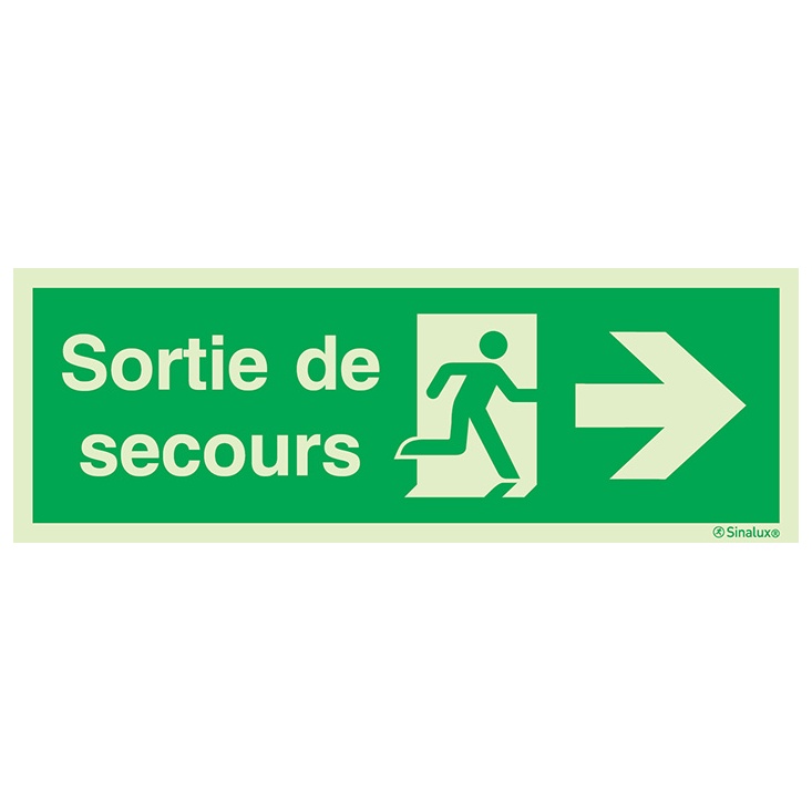 [F0234F12401ETFR] Signalisation une face, évacuation ISO 7010 grandes superficies – flèche droite + texte Sortie de secours, PVC photoluminescent (1200x400)