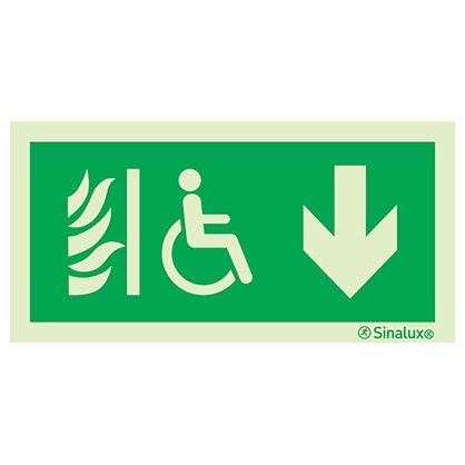 [F0341F20102EDFR] Signalisation drapeau, espace d’attente sécurisé – flèche bas, PVC photoluminescent (200x100)