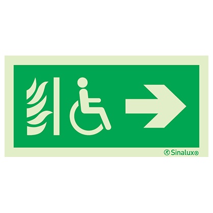 [F0344F20102EDFR] Signalisation drapeau, espace d’attente sécurisé – flèche droite, PVC photoluminescent (200x100)