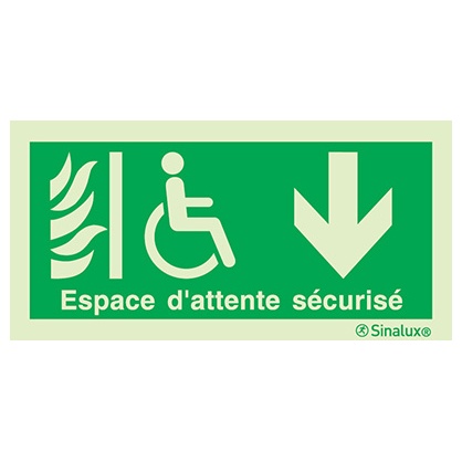 Signalisation drapeau, espace d’attente sécurisé (texte) – flèche bas, PVC photoluminescent