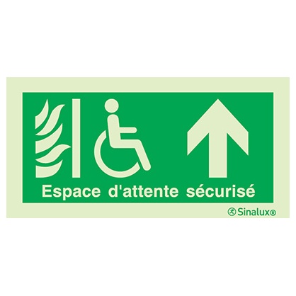 [F0348F20102EDFR] Signalisation drapeau, espace d’attente sécurisé (texte) – flèche haut, PVC photoluminescent (200x100)