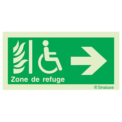 [F0349F20102EDFR] Signalisation drapeau, zone de refuge (texte) – flèche droite (1), PVC photoluminescent (200x100)