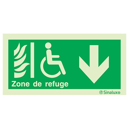 [F0350F20102EDFR] Signalisation drapeau, zone de refuge (texte) – flèche bas (1), PVC photoluminescent (200x100)