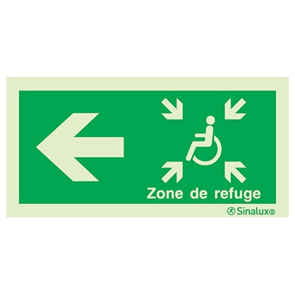 [F0355F20102EDFR] Signalisation drapeau, zone de refuge (texte) – flèche gauche (2), PVC photoluminescent (200x100)