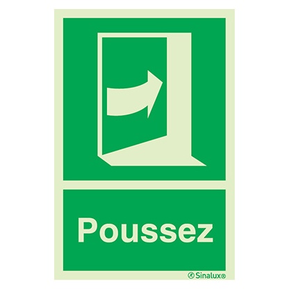 [F0577F15201EAFR] Signalisation une face, ouverture porte (texte) – « Poussez » gauche, PVC photoluminescent (150x200)