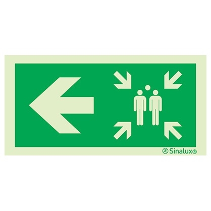 [F0645F15201EPFR] Signalisation une face, point de rassemblement – flèche gauche, PVC photoluminescent (150x200)