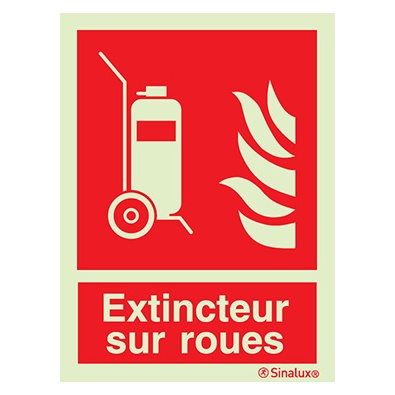 Signalisation drapeau, extincteur sur roues avec texte, PVC photoluminescent
