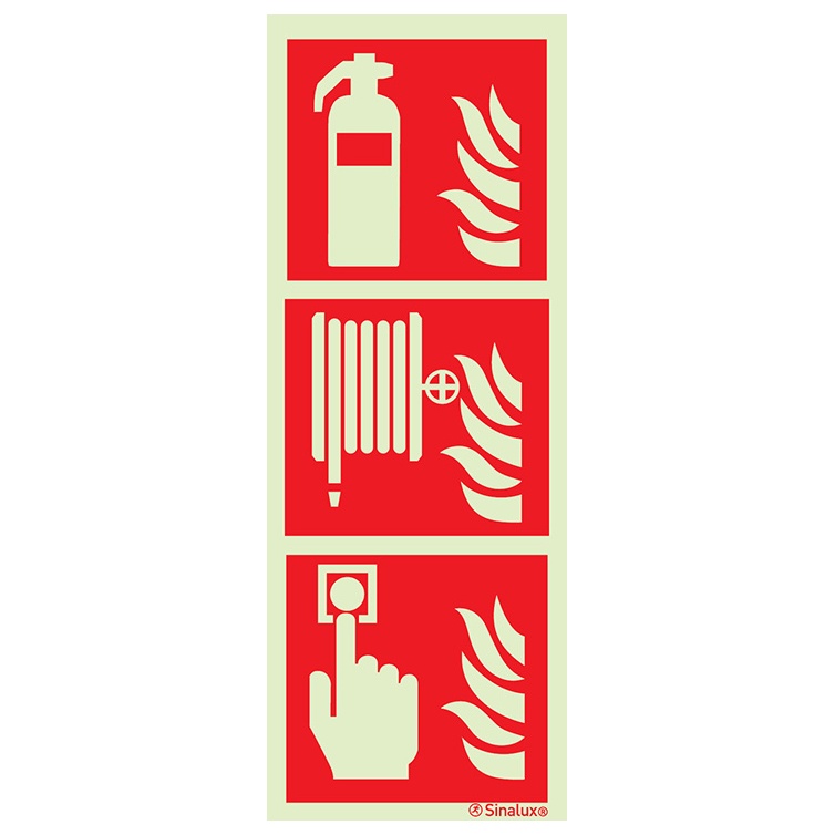 Signalisation drapeau, extincteur + RIA + déclencheur alarme incendie, PVC photoluminescent