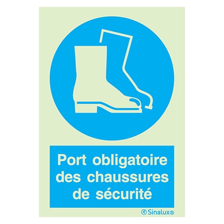 Signalisation une face, chaussures de sécurité obligatoires – avec texte, PVC photoluminescent