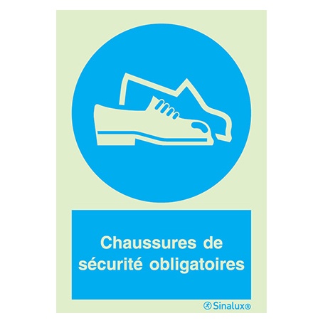 Signalisation une face, chaussures de sécurité – avec texte, PVC photoluminescent