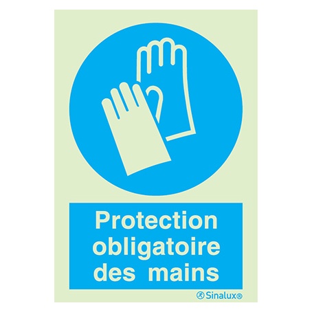 [F3658F15201OBFR] Signalisation une face, protection des mains obligatoire – avec texte, PVC photoluminescent (150x200)