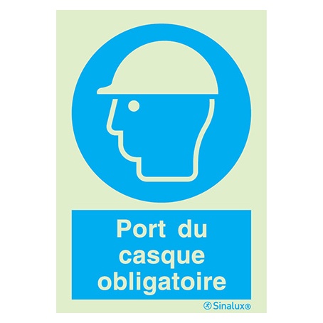 [F3751F15201OBFR] Signalisation une face, port du casque obligatoire – avec texte, PVC photoluminescent (150x200)