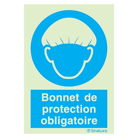 [F3752F15201OBFR] Signalisation une face, bonnet de protection obligatoire – avec texte, PVC photoluminescent (150x200)