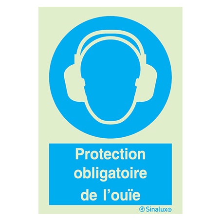 Signalisation une face, protection de l’ouïe obligatoire – avec texte, PVC photoluminescent