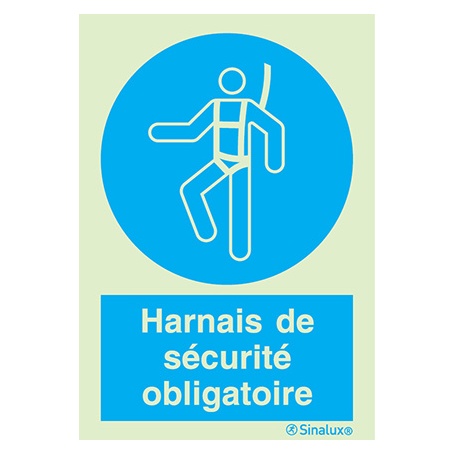 [F3759F15201OBFR] Signalisation une face, harnais de sécurité obligatoire – avec texte, PVC photoluminescent (150x200)