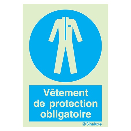 [F3760F15201OBFR] Signalisation une face, vêtement de protection obligatoire – avec texte, PVC photoluminescent (150x200)